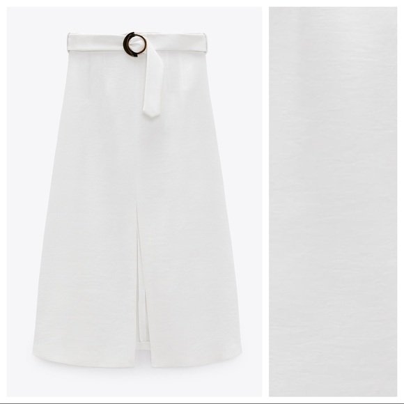 Zara Skirts Nwt Zara White Midi Skirt With Gold Buckle Belt Size M